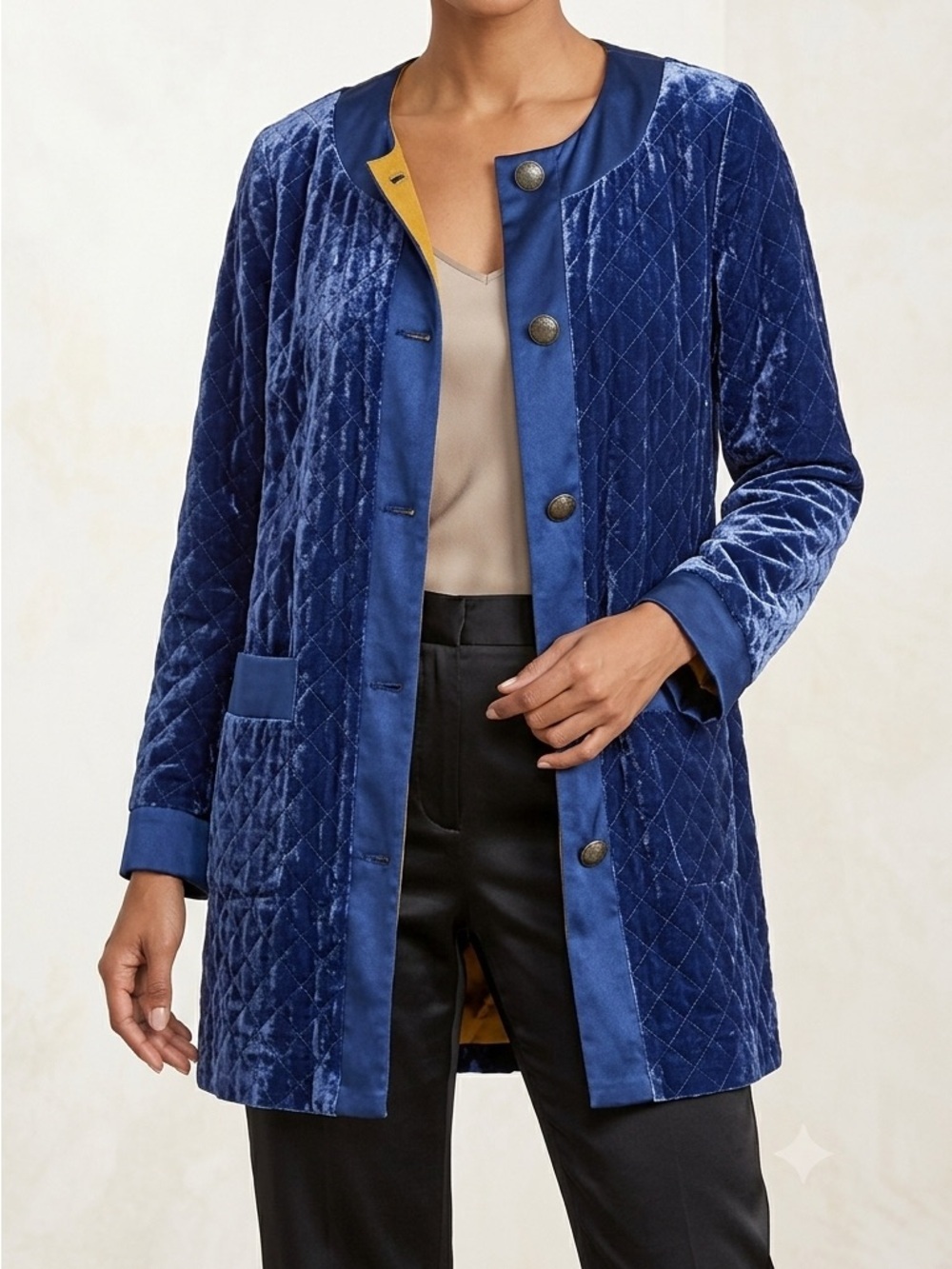 Soft Surroundings Blue Silk Quilted Velvet Duster Coat Jacket Size Medium